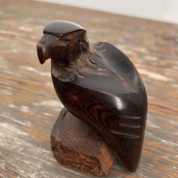 Vintage Hand Carved Ironwood Eagle On Pedestal Statue Falcon Bird Of Pray 3.5" - Picture 2 of 8